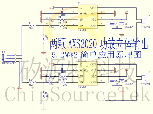 两颗AXS2020功放双通道立体输出5.2W*2简单应用原理图
