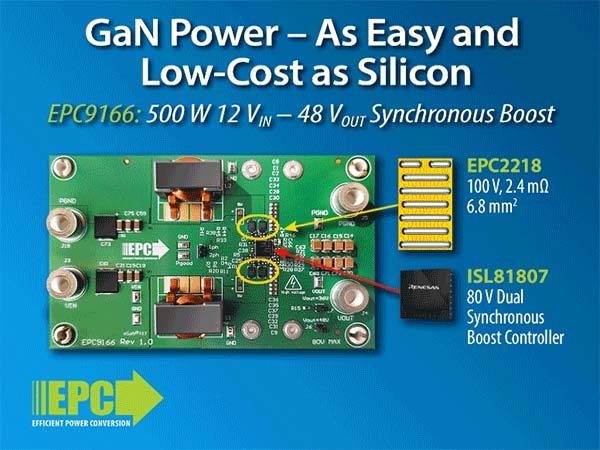 EPC推出基于氮化鎵器件的12V/48 V、500W升压转换器演示板